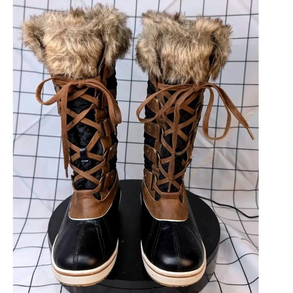 ALEADER~Waterproof Mid-Calf Winter Boots ~ Quilted Black Shaft/Faux Fur~Size 6